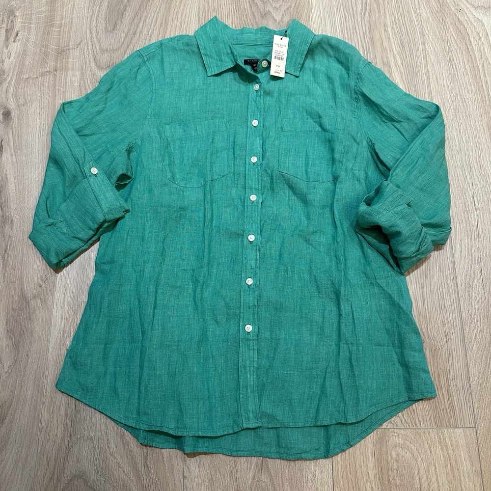 New Talbots Women's Green 100% Linen Button Roll Tap Long Sleeve Blouse MP